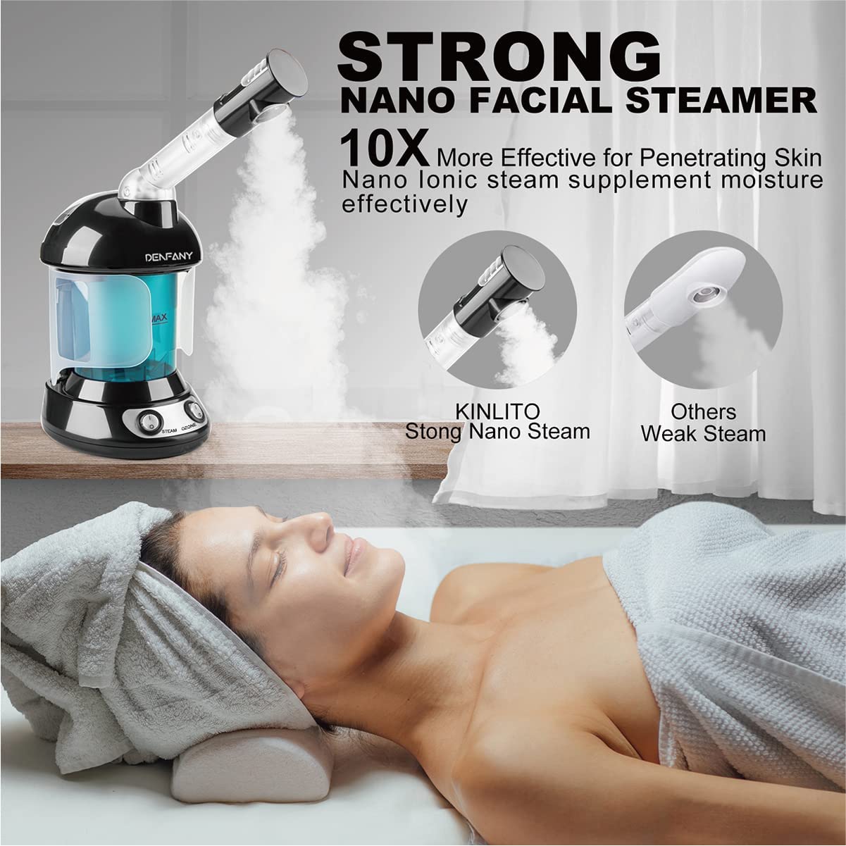 Facial Steamer - DENFANY Nano Ionic Face Steamer with Extendable 360° Rotatable Arm - Portable Facial Steamer for Personal Care Use at Home or Salon (Blue) - Image 2